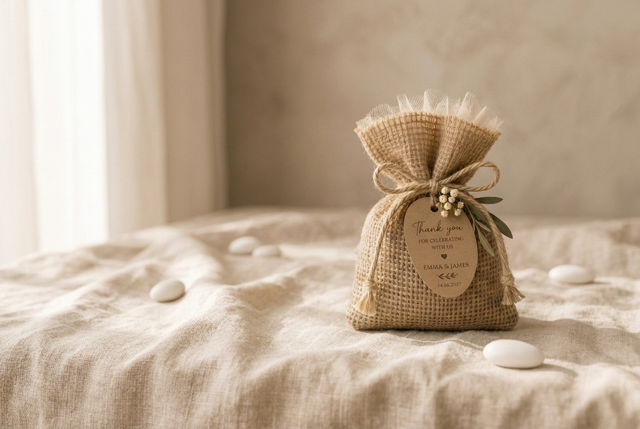 Burlap favours & kraft gift boxes made for Sophia & Alexander