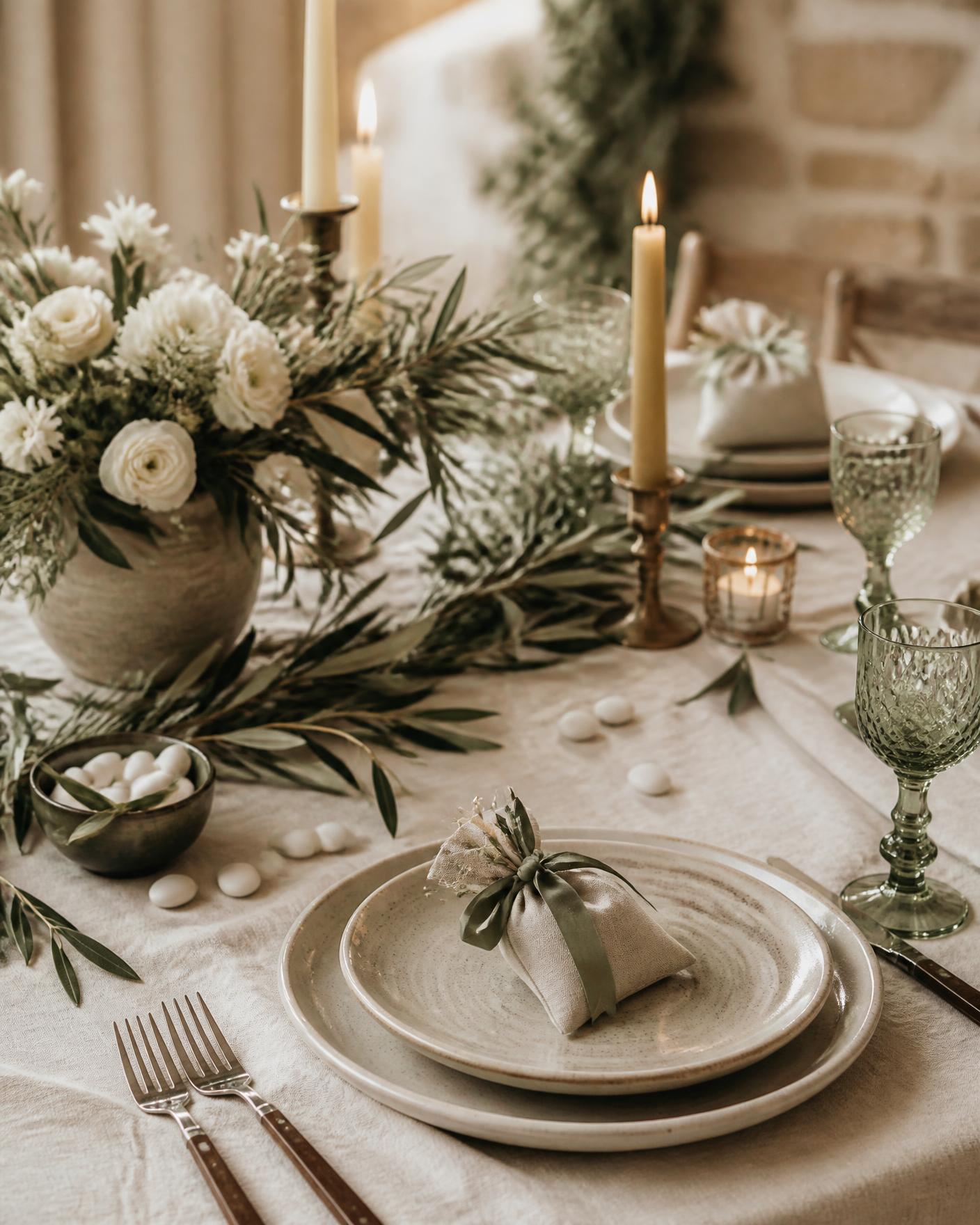 Ivory linen wedding favour pouches tied with sage ribbon on a rustic wedding table with olive branches and candles