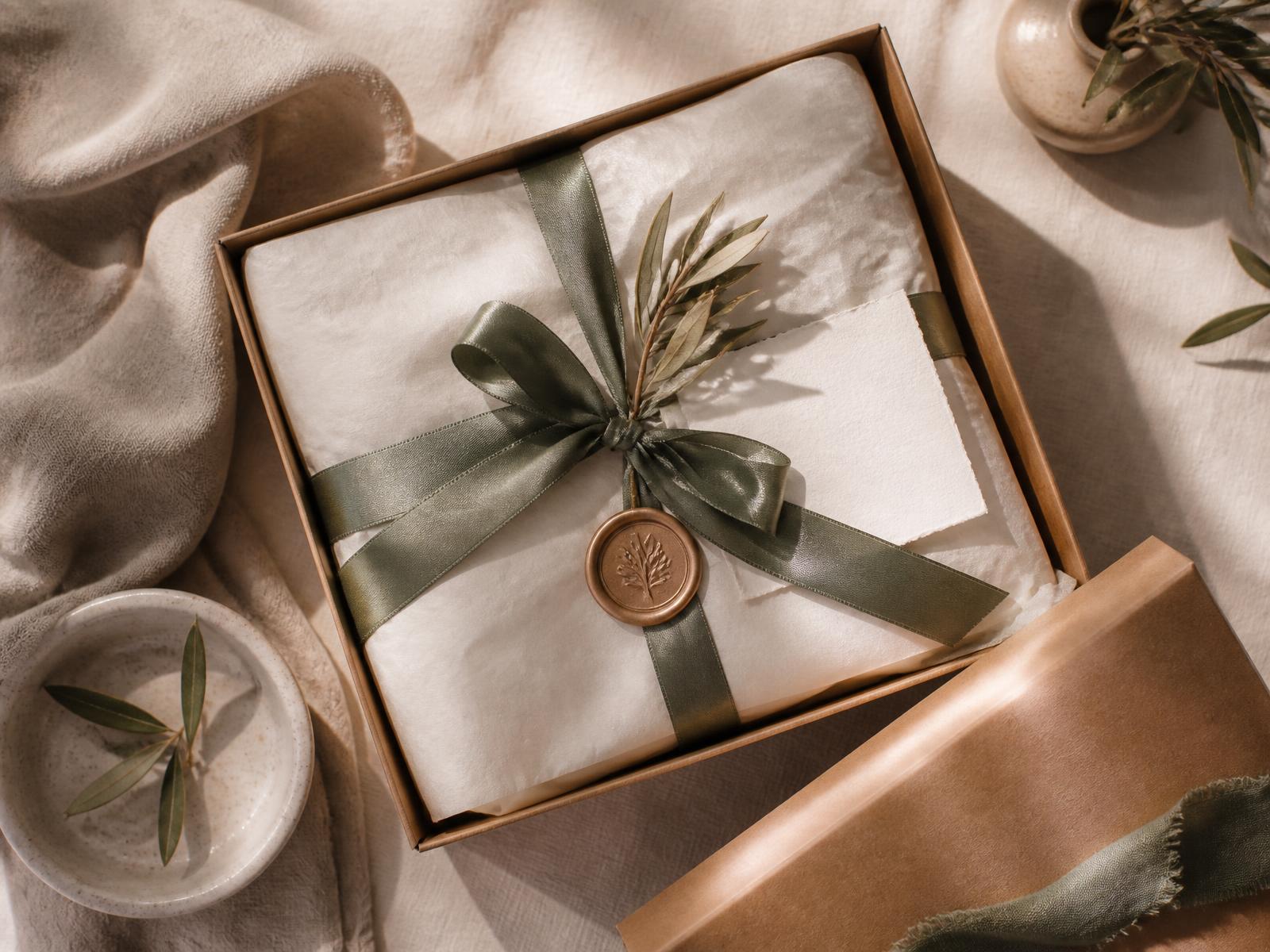 Kraft gift box lined with ivory tissue, sage ribbon, thank-you card and personalised kraft tags