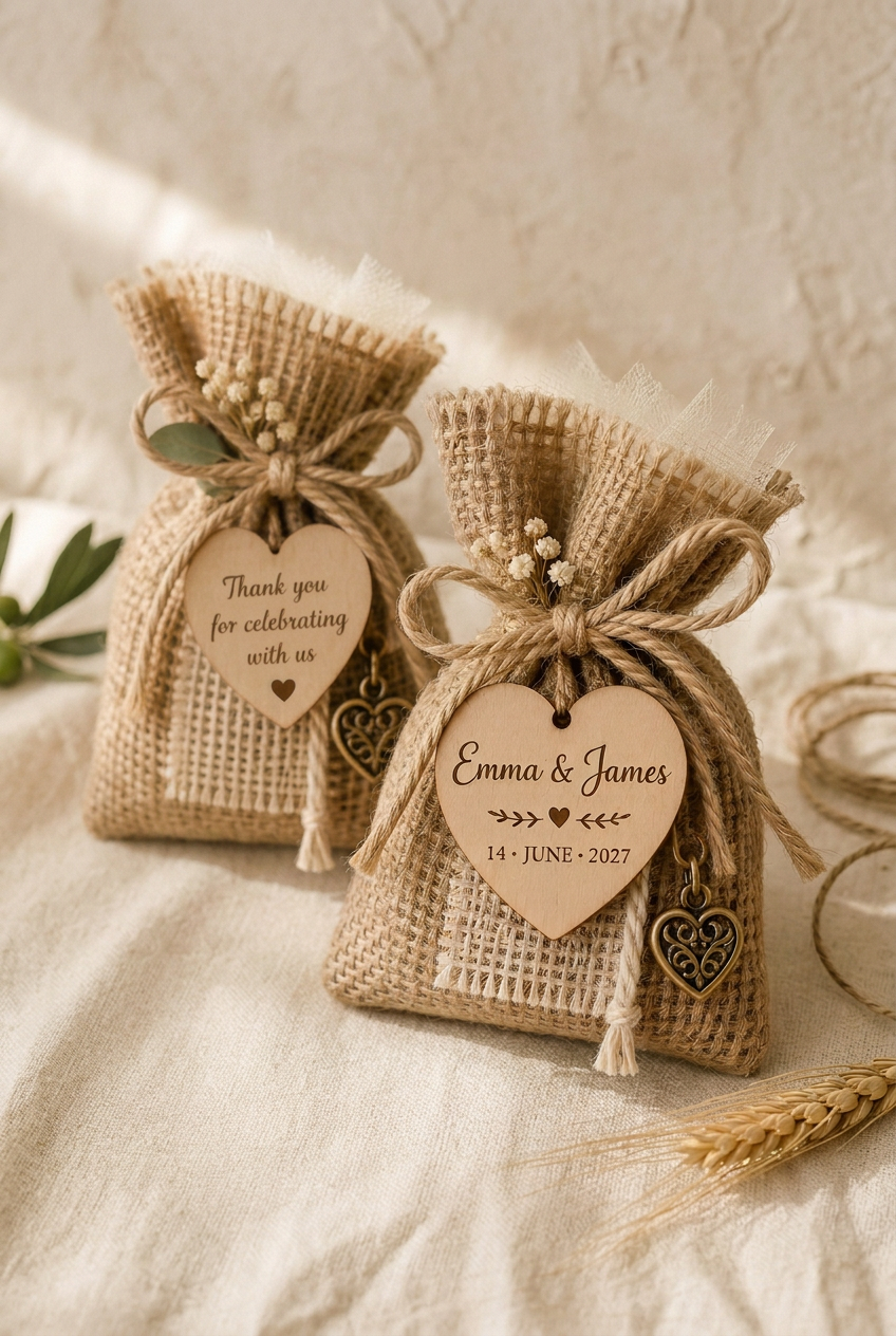 Linen wedding pouches · 120 guests made for Eleni & Markos